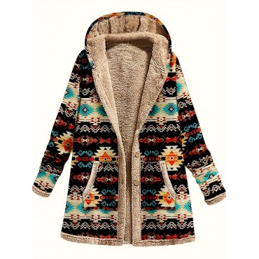 Geo Print Button Front Jacket, Casual Long Sleeve Hooded Jacket With Pockets For Fall & Winter, Women's Clothing Geo Print Button Front Jacket, Casual Long Sleeve Hooded Jacket With Pockets For Fall & Winter, Women's Clothing