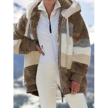 Faux Fur Hooded Drawstring Jacket, Casual Long Sleeve Jacket For Fall & Winter, Women's Clothing Faux Fur Hooded Drawstring Jacket, Casual Long Sleeve Jacket For Fall & Winter, Women's Clothing