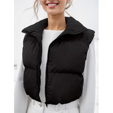 High Neck Zip Up Vest Coat, Casual Solid Sleeveless Outerwear, Women's Clothing High Neck Zip Up Vest Coat, Casual Solid Sleeveless Outerwear, Women's Clothing
