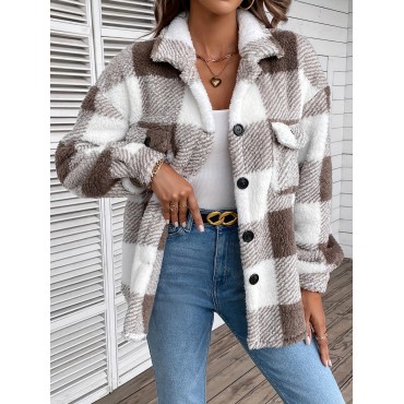 Plaid Fuzzy Fall & Winter Coat, Casual Button Front Long Sleeve Warm Outerwear, Women's Clothing Plaid Fuzzy Fall & Winter Coat, Casual Button Front Long Sleeve Warm Outerwear, Women's Clothing