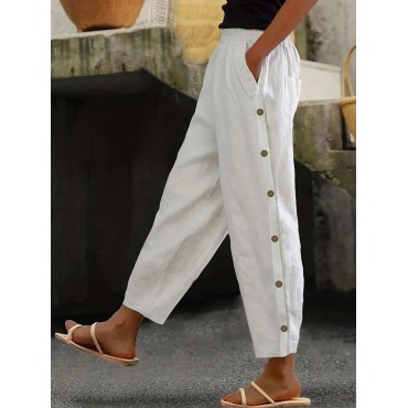 Solid Side Breasted Cropped Pants, Casual Pocket Elastic Waist Pants, Women's Clothing Solid Side Breasted Cropped Pants, Casual Pocket Elastic Waist Pants, Women's Clothing