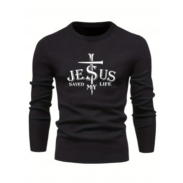 Jesus Saved My Life Print All Match Knitted Sweater, Men's Casual Warm Mid Stretch Crew Neck Pullover Sweater For Men Fall Winter Jesus Saved My Life Print All Match Knitted Sweater, Men's Casual Warm Mid Stretch Crew Neck Pullover Sweater For Men Fall Winter