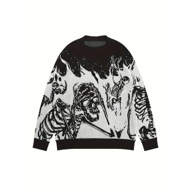 Y2K Long Sleeve Sweater, Loose Casual Sweater Skull Pattern Knitted Sweater, Men's Warm Slightly Stretch Crew Neck Pullover Sweater For Men Fall Winter Y2K Long Sleeve Sweater, Loose Casual Sweater Skull Pattern Knitted Sweater, Men's Warm Slightly Stretch Crew Neck Pullover Sweater For Men Fall Winter