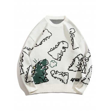 Cartoon Dinosaur Pattern Knitted Sweater, Men's Casual Warm Slightly Stretch Crew Neck Pullover Sweater For Men Fall Winter Cartoon Dinosaur Pattern Knitted Sweater, Men's Casual Warm Slightly Stretch Crew Neck Pullover Sweater For Men Fall Winter