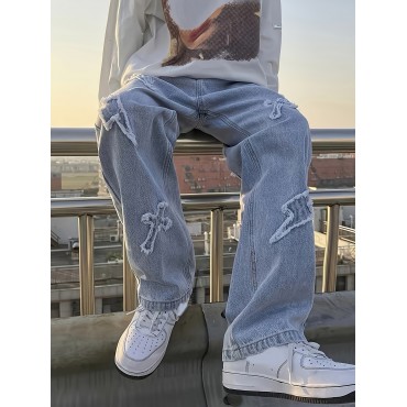 Embroidery Loose Ripped Cotton Blend Jeans, Men's Casual Street Style Distressed Denim Pants For Spring Summer Embroidery Loose Ripped Cotton Blend Jeans, Men's Casual Street Style Distressed Denim Pants For Spring Summer