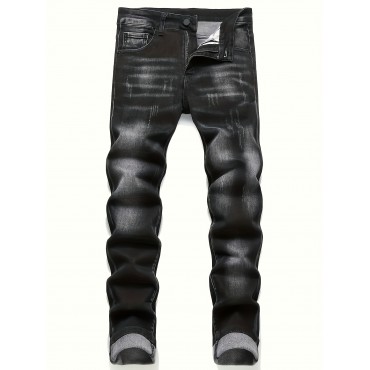 Men's Regular Distressed Jeans, Casual Street Style Medium Stretch Denim Pants With Pockets Men's Regular Distressed Jeans, Casual Street Style Medium Stretch Denim Pants With Pockets