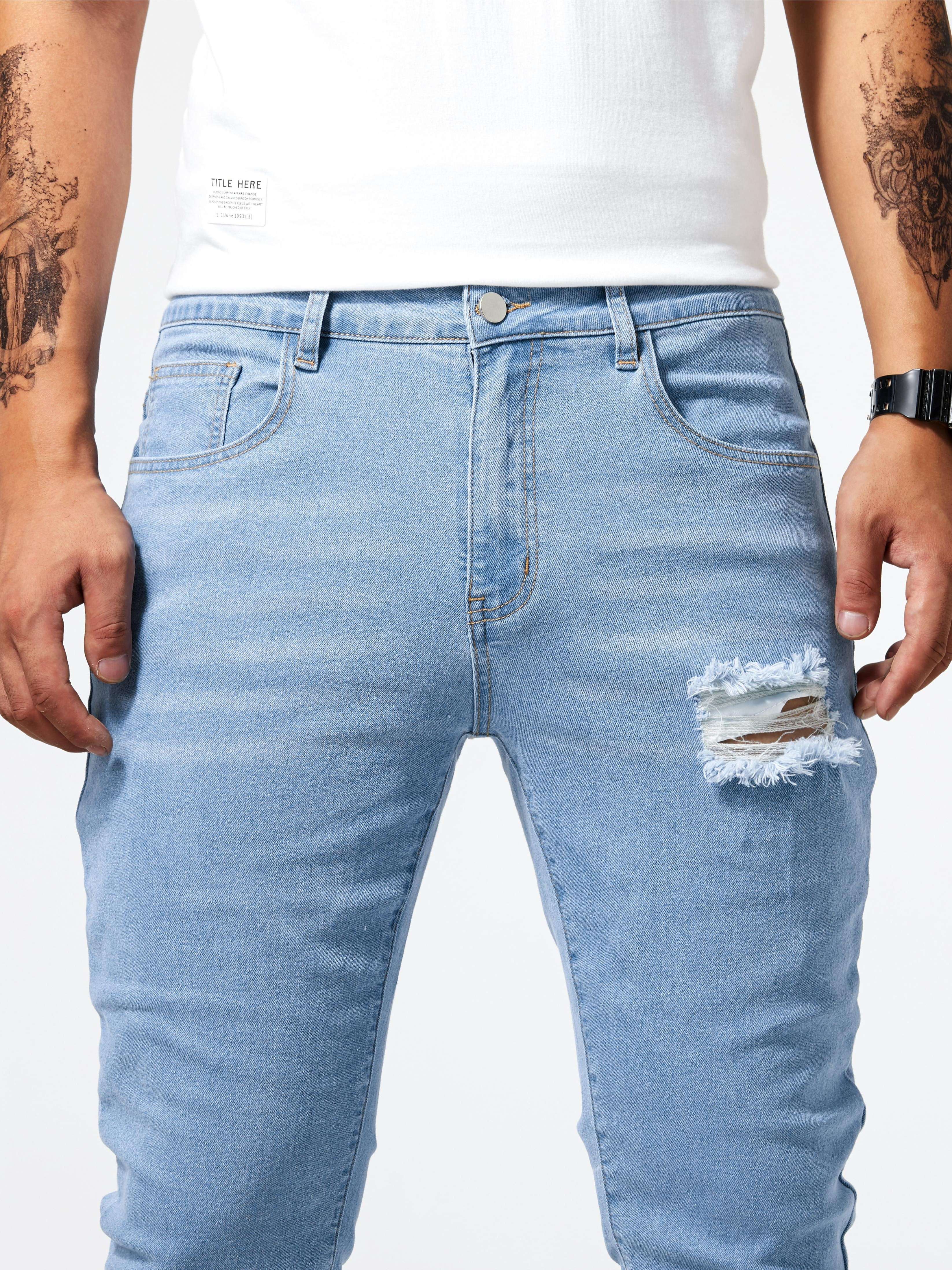 mens casual light blue ripped denim jeans details 13