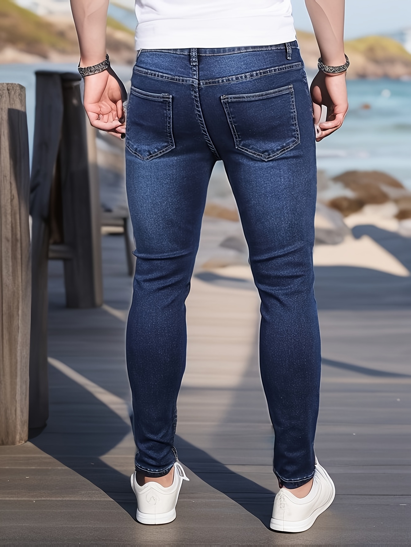 mens casual skinny jeans street style medium stretch denim pants details 0