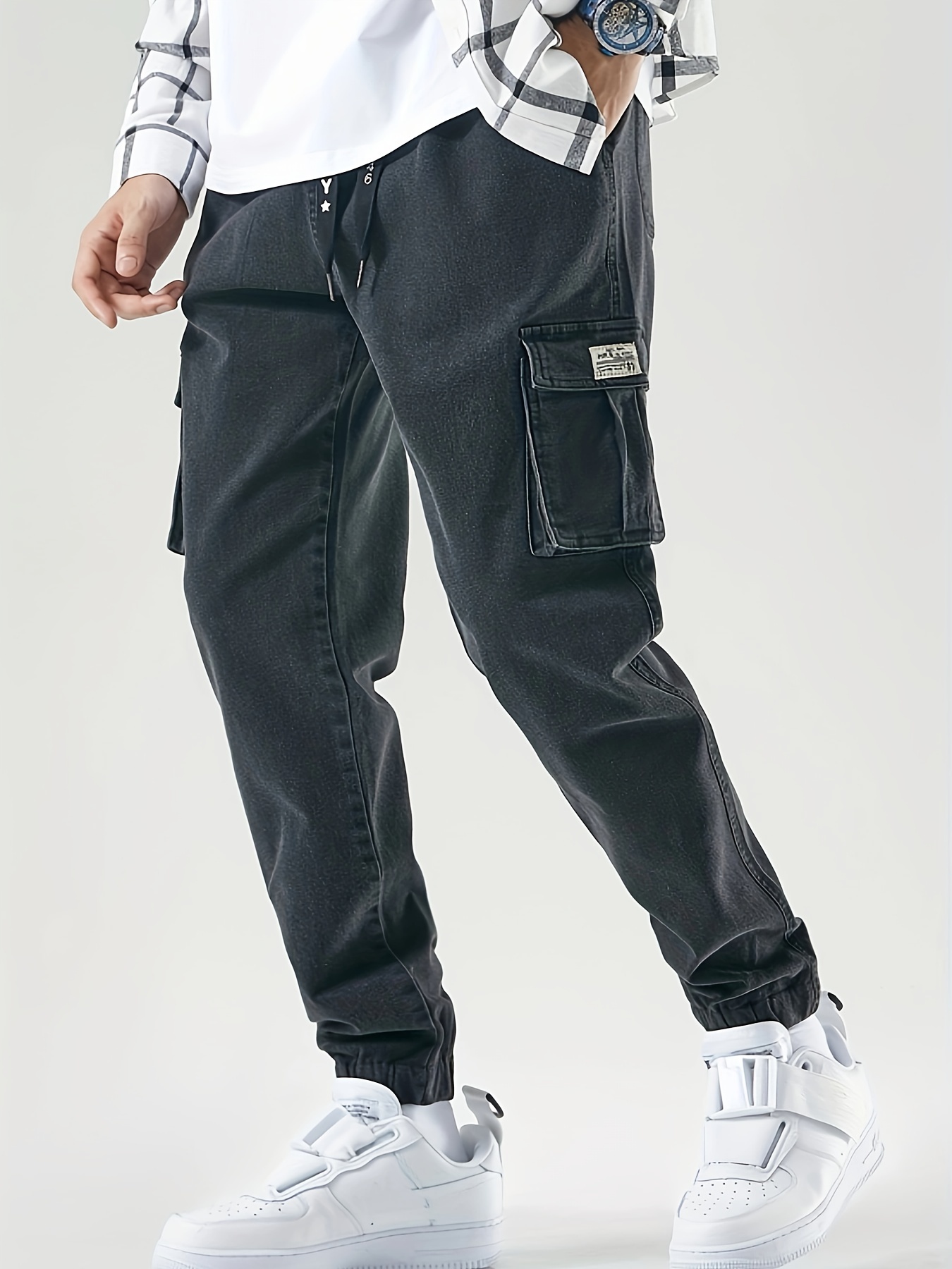 mens casual regular drawstring cargo jeans with pocket mens outfits details 6