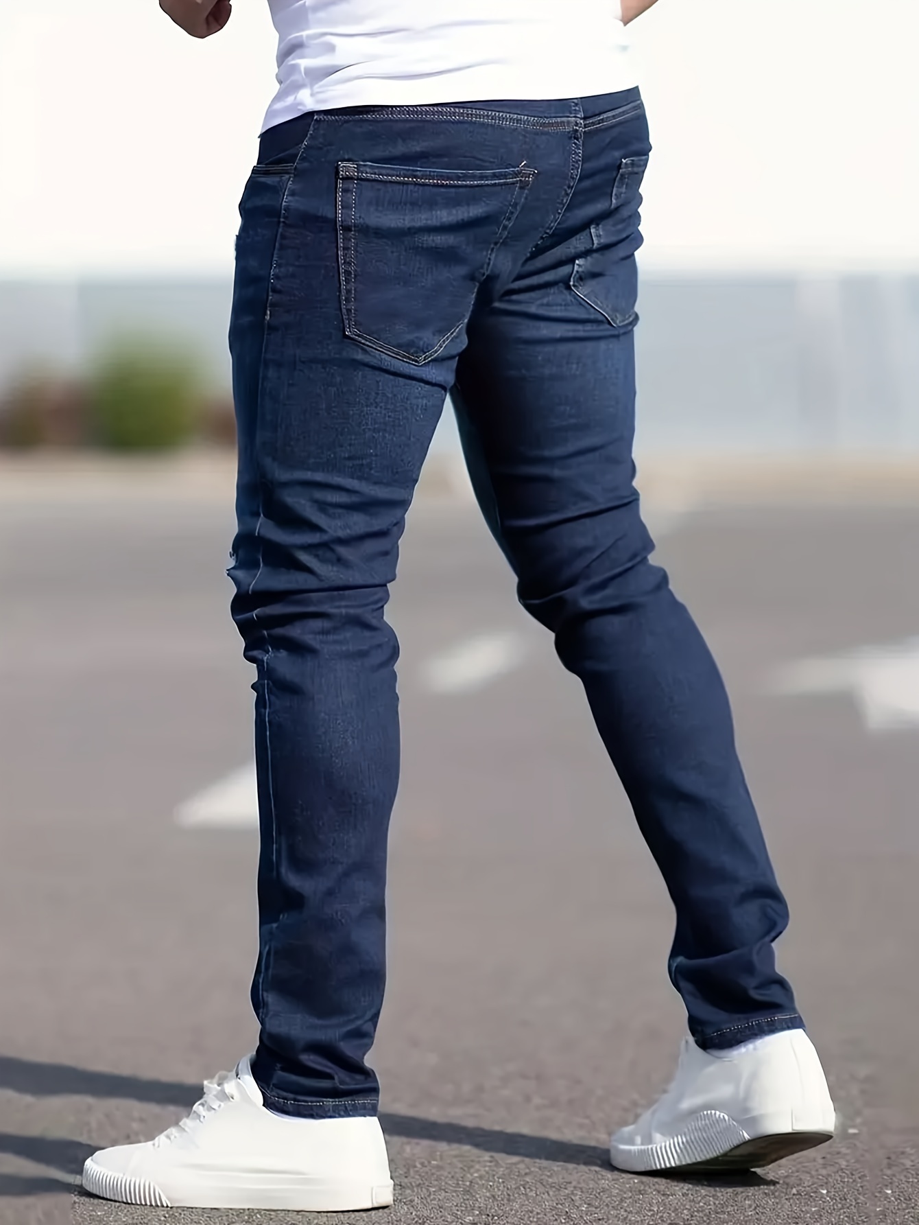 slim fit cotton jeans mens casual solid color mid stretch denim pants for spring summer details 1