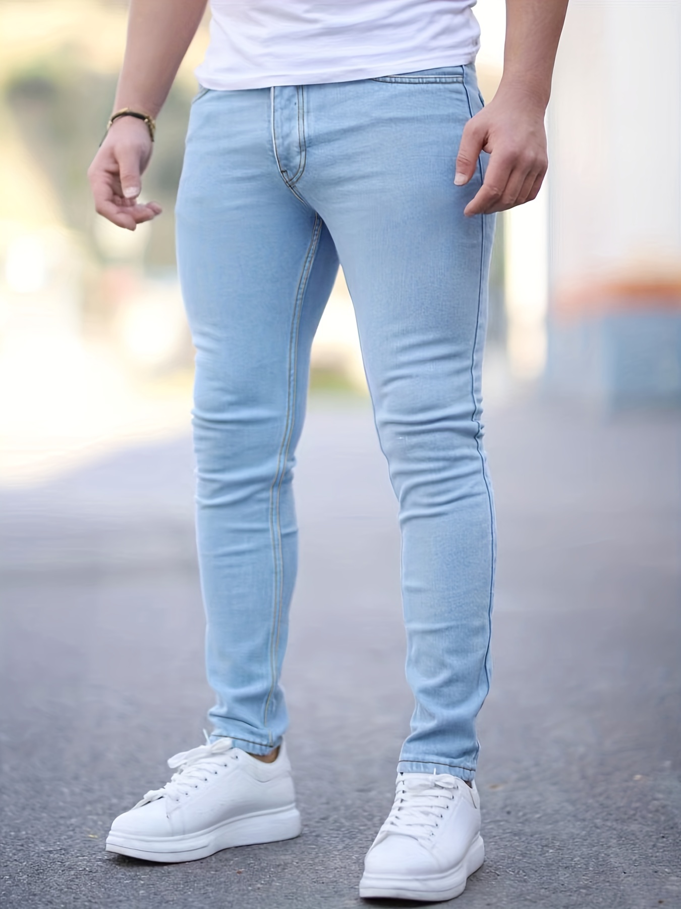 slim fit cotton jeans mens casual solid color mid stretch denim pants for spring summer details 10