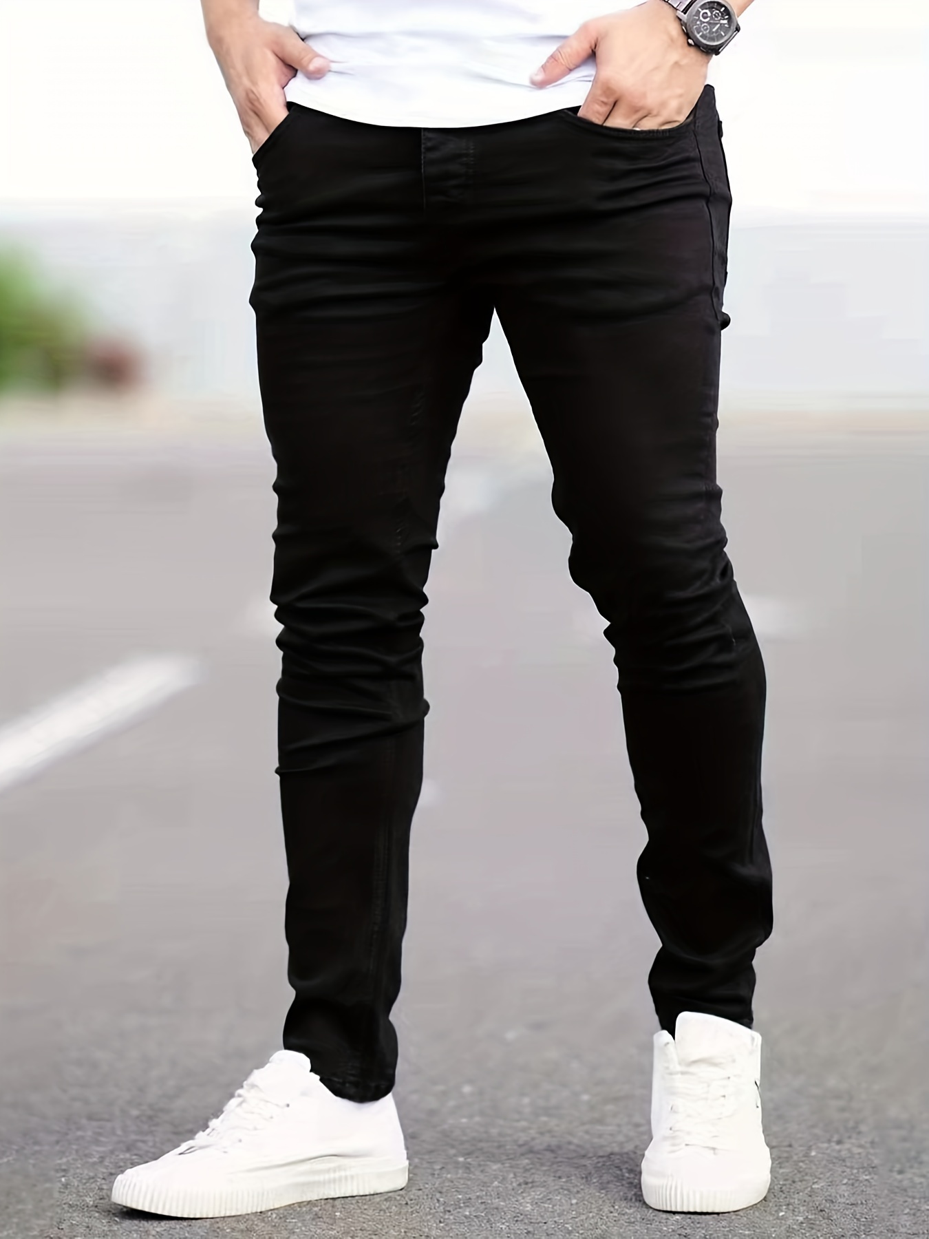 slim fit cotton jeans mens casual solid color mid stretch denim pants for spring summer details 16